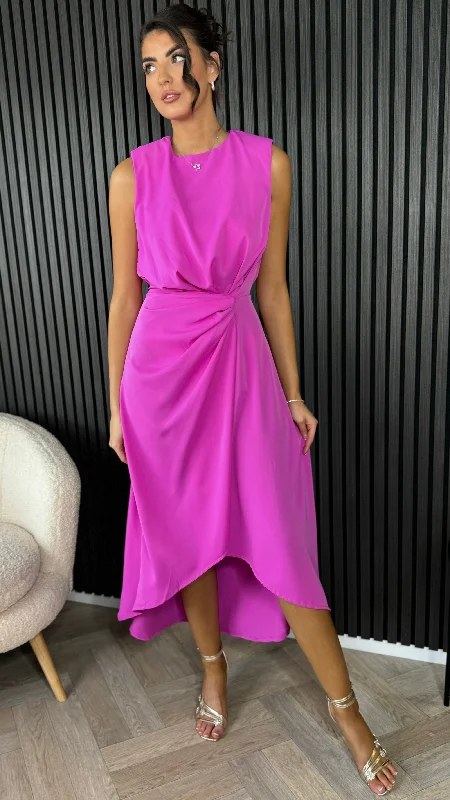  Women's Trendy AttireAngie Hot Pink Gathered Midi Dress