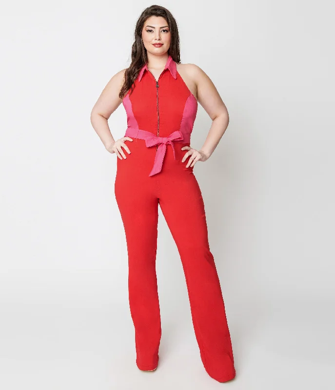  Massive Selection SaleSmak Parlour Plus Size 1970s Red & Pink Heart Pocket Front Zip Halter Jumpsuit