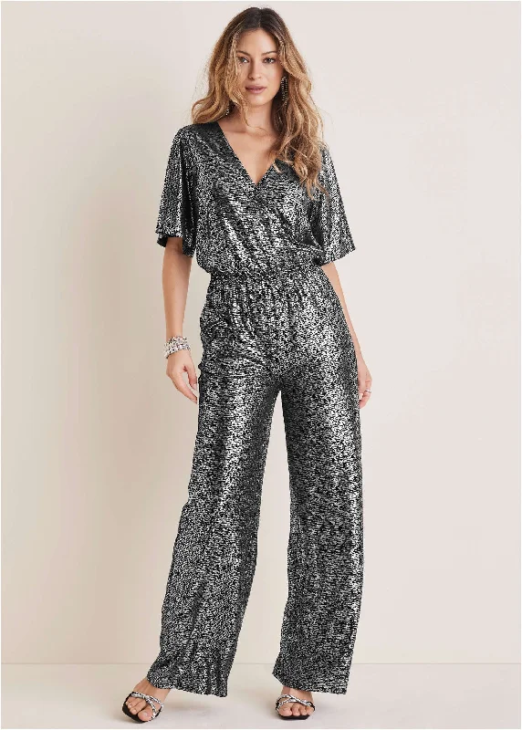  Women's Clothing SetsMetallic Flutter Sleeve Jumpsuit - Silver