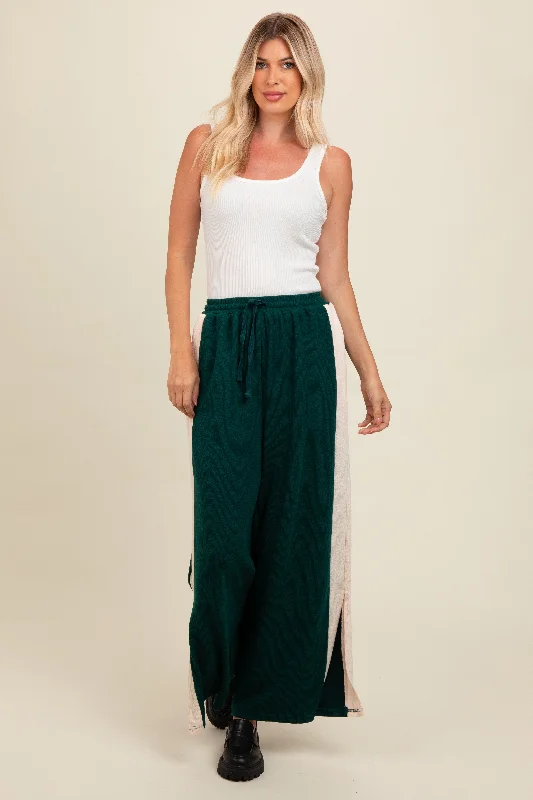  Women's OutfitForest Green Contrast Stripe Side Slit Pants