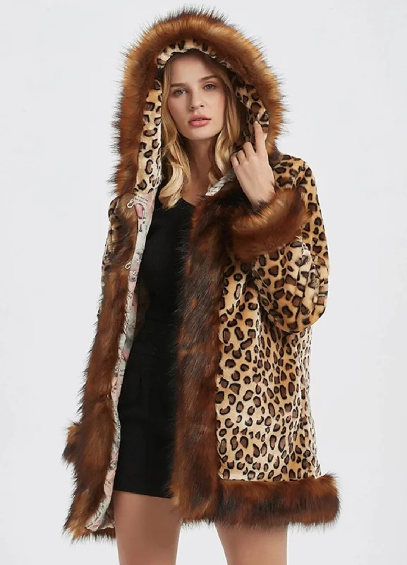  Women's Effortless Casual OutfitWomens Leopard Print Hooded Faux Fur Collar Jacket