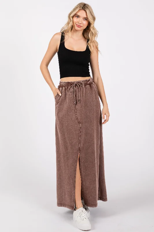  Chic And TrendyBrown Terry Drawstring Midi Skirt