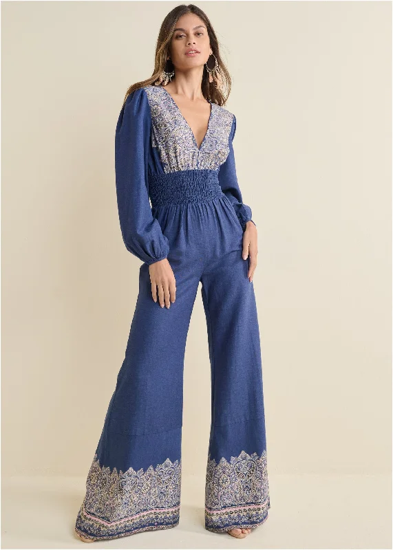  Vintage-Inspired Women's ApparelPrinted Wide Leg Jumpsuit - Blue Multi