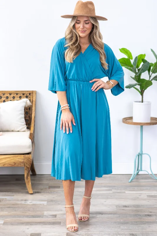  Women's Elegant ClothesDusty Teal Surplice Midi Dress