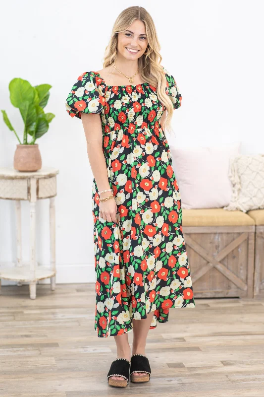  Women's Vacation ClothesBlack Floral Puff Short Sleeves Midi Dress