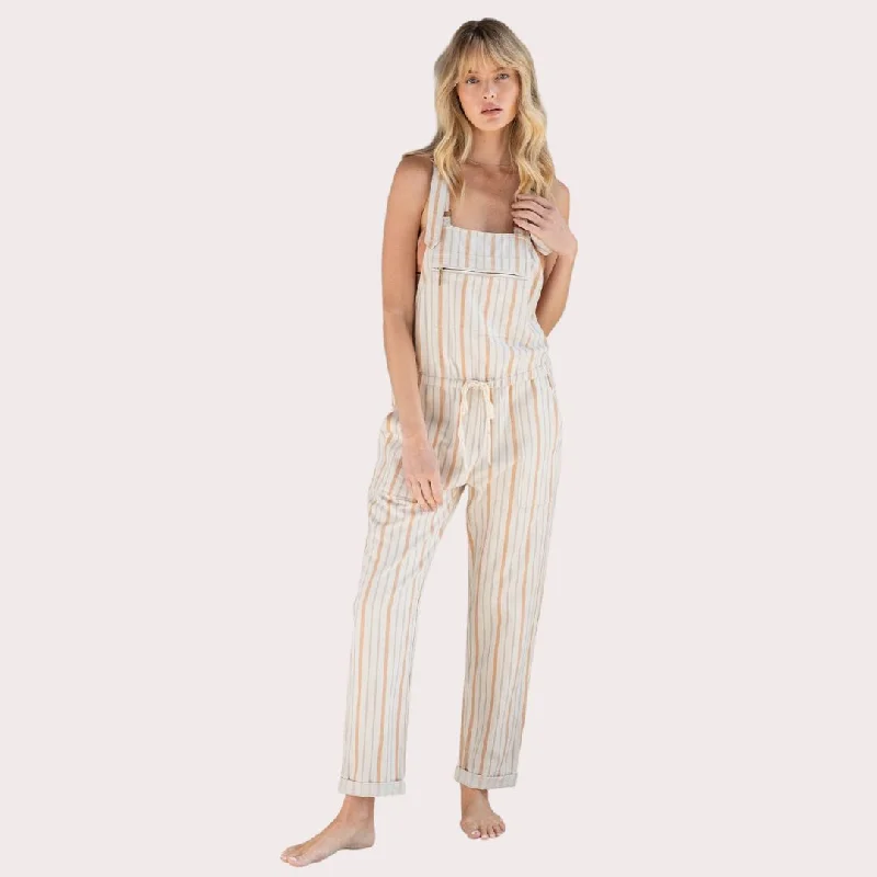  Women's Transitional OutfitYarn Dye Stripe Linen Blend Casual Overalls (Natural + Terraco)