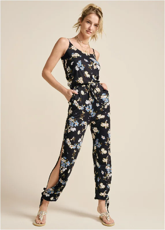  Women's Athletic ClothesSlit Detail Jumpsuit - Black & Blue