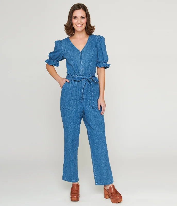  Women's Elegant Formal Outfit1970s Denim Puff Sleeve Jumpsuit