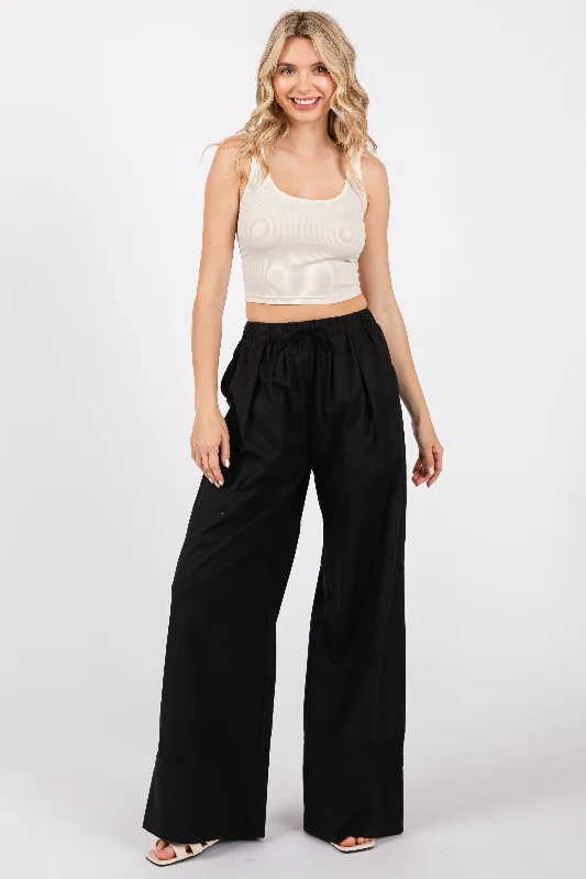  Women's Romantic OutfitBlack Pleated Drawstring Waist Pants