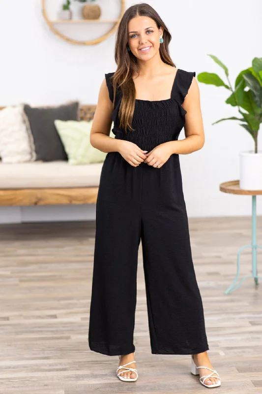  Ends SoonBlack Smocked Bodice Ruffle Strap Jumpsuit