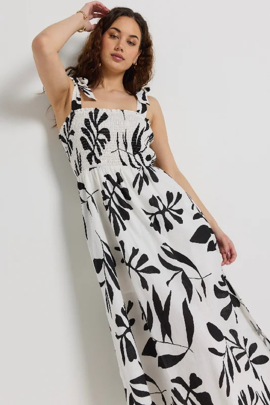  Women's Functional Outdoor GarmentsCapricorn Ivory Leaf Print Tie Strap Shirred Midi Dress