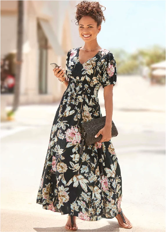  Women's Elegant ClothesFloral Maxi Dress - Black Multi