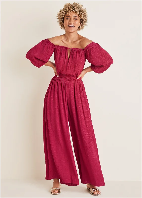  Women's Clothing Apparel SetsOff-The-Shoulder Jumpsuit - Red