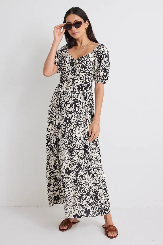  Women's Seasonal ApparelEndearing Cream & Black Floral Smocked Bodice SS Midi Dress