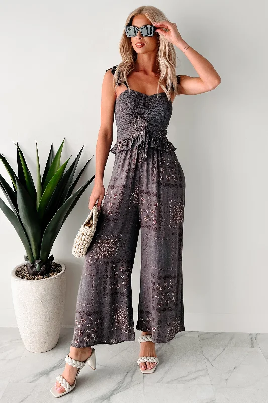  Women's Date Night OutfitSurya Printed Ruffle Jumpsuit (Grey)