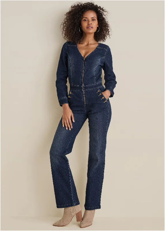  Women's Stylish Professional GarmentsZip Front Denim Jumpsuit - Dark Wash