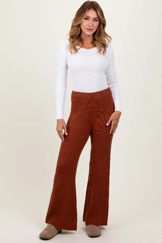  Women's Loungewear ClothesRust Ribbed Knit Flare Pants