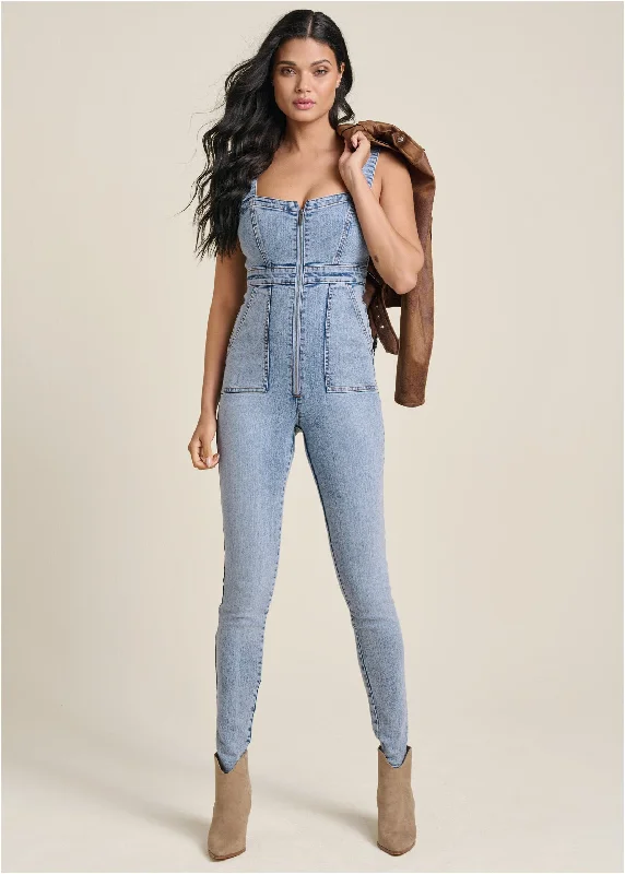  Women's High-Fashion ApparelZip-Front Denim Jumpsuit - Acid Wash