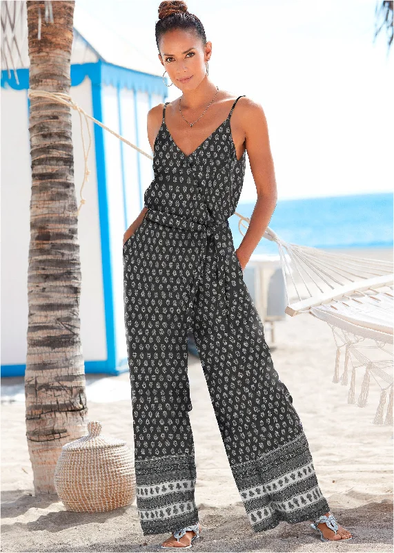  Women's Holiday ClothingWrap Front Jumpsuit - Black & White