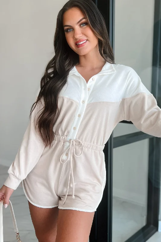  Women's Evening ApparelOzzie Button-Front Long Sleeve Romper (White/Seashell)