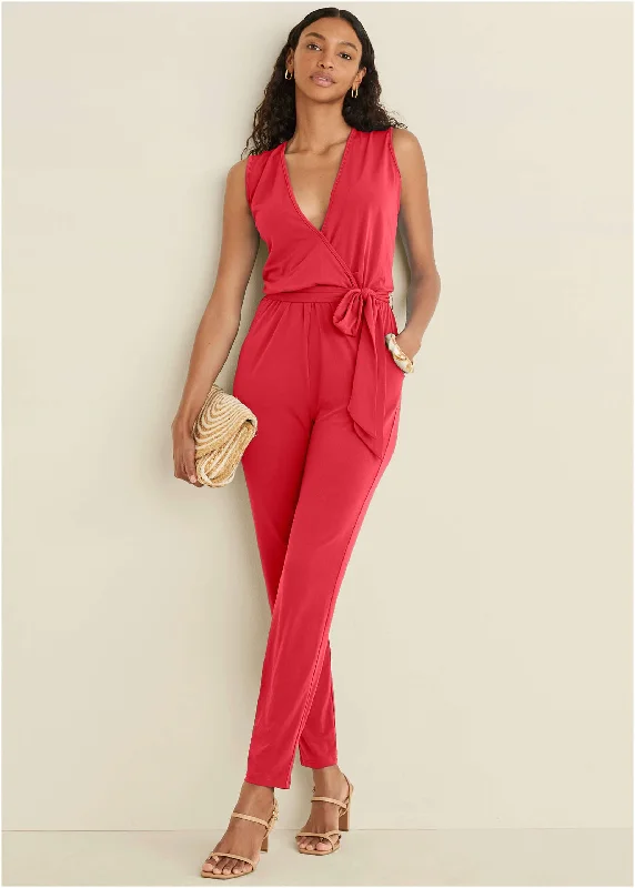  Charming Women's Holiday ApparelWrap Tie Jumpsuit - Red