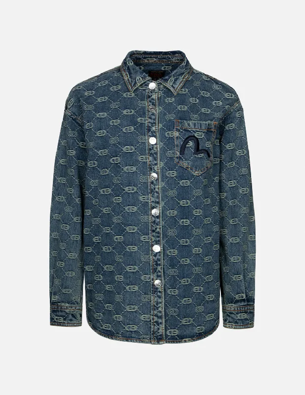  Unleash Your StyleAllover Logo Jacquard and Seagull Embroidery Boyfriend Fit Denim Shirt Jacket