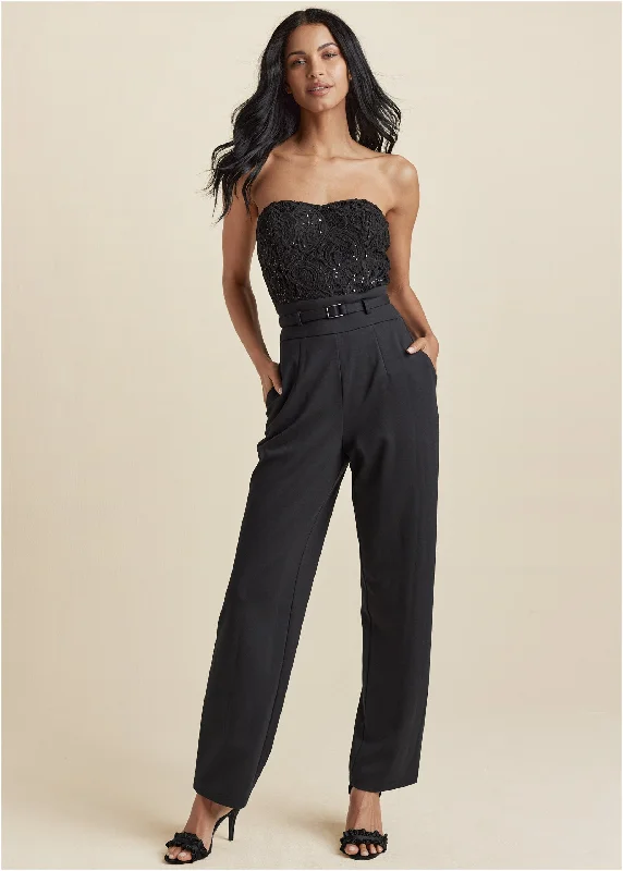  Women's Plus-Size GarmentsLace Corset Jumpsuit - Black