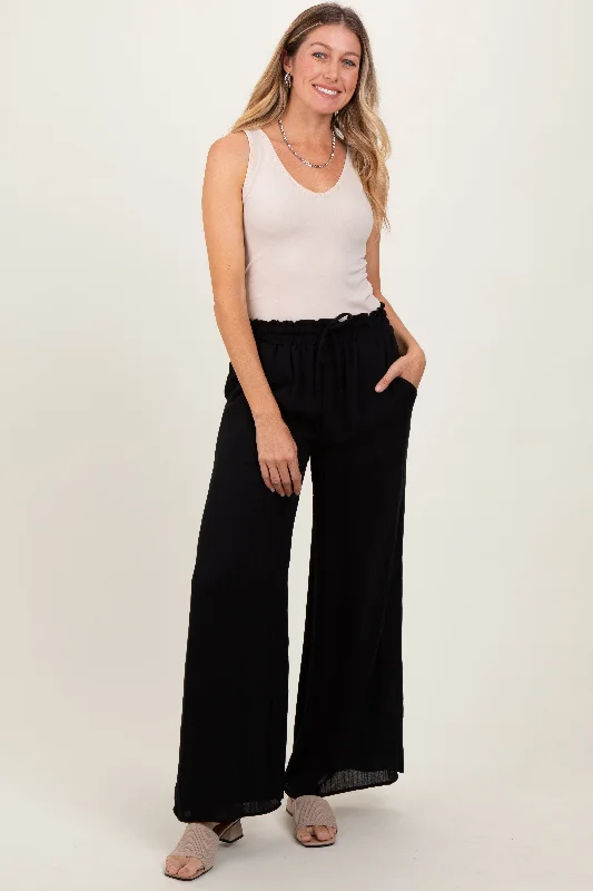  Women's Seasonal ApparelBlack Ruffled Drawstring Waist Wide Leg Pants