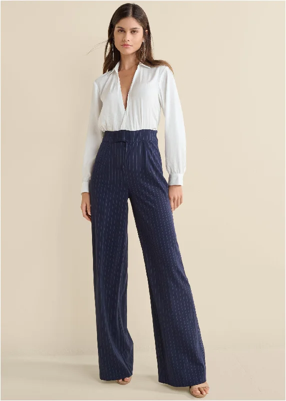  Women's Vintage GarmentsPinstripe Wide Leg Jumpsuit - Navy & White