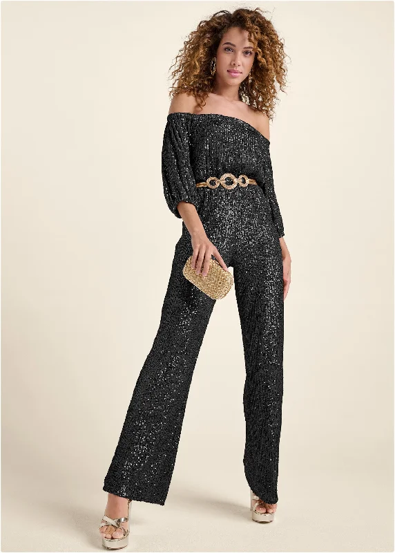  Comfortable Garments For WomenOff-Shoulder Sequin Jumpsuit - Black