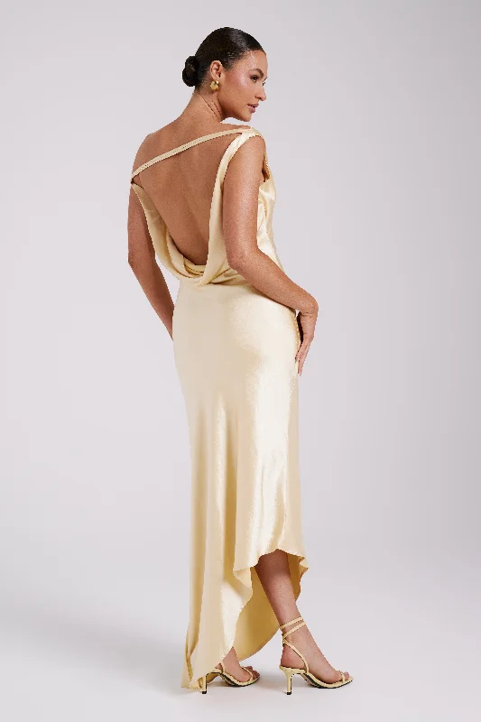  Step Ahead, Lead The TrendYvette Slip Maxi Dress With Asymmetrical Hem - Butter