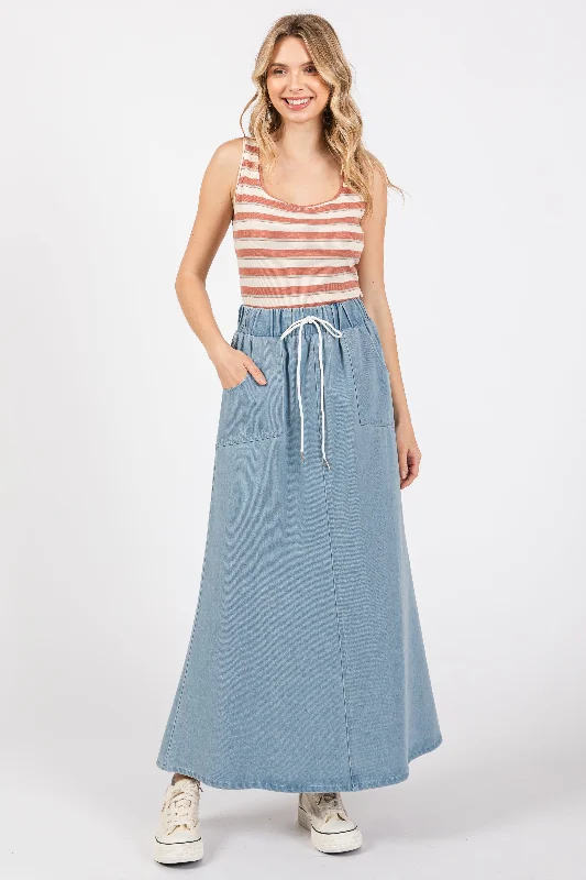  Chic Women's OutfitLight Blue Denim Front Tie Maxi Skirt