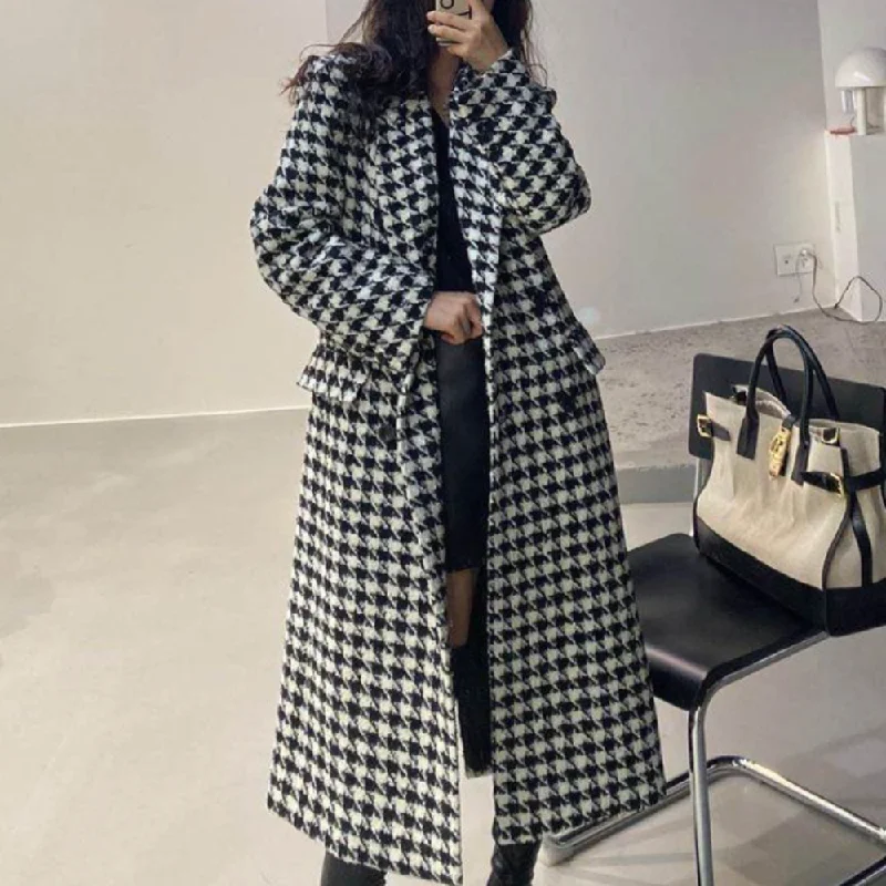  Budget FriendlyWomens Houndstooth Pattern Long Coat