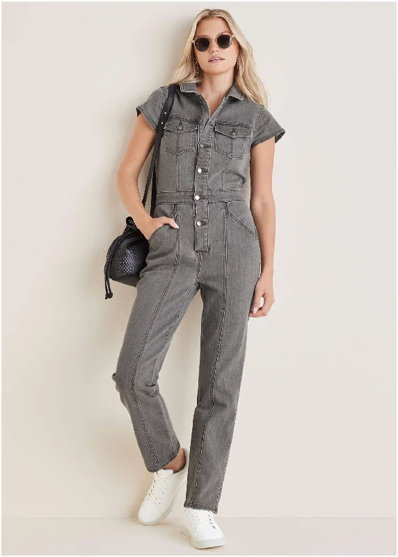  Formal Clothing For WomenCap Sleeve Denim Jumpsuit - Grey Wash