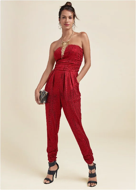  Charming Women's GarmentsRuched Sequin Jumpsuit - Red