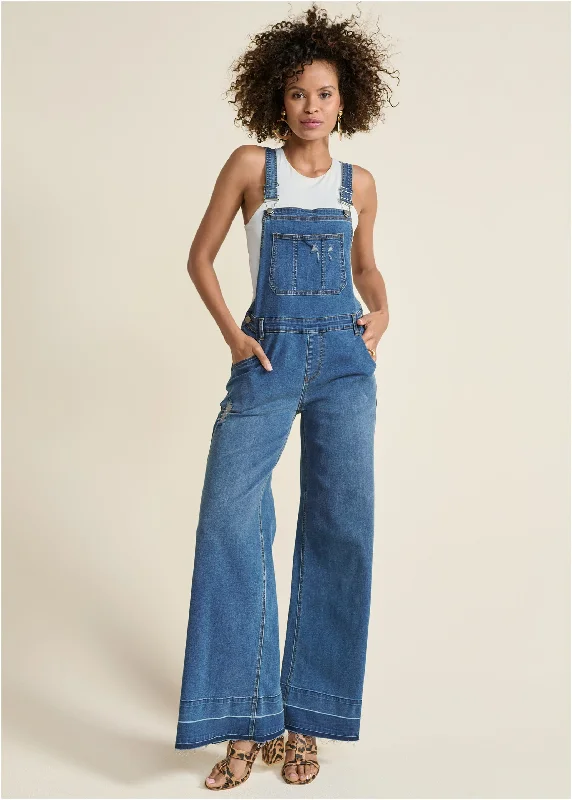  Women's Luxury GarmentsDenim Flare Overalls  - Medium Wash