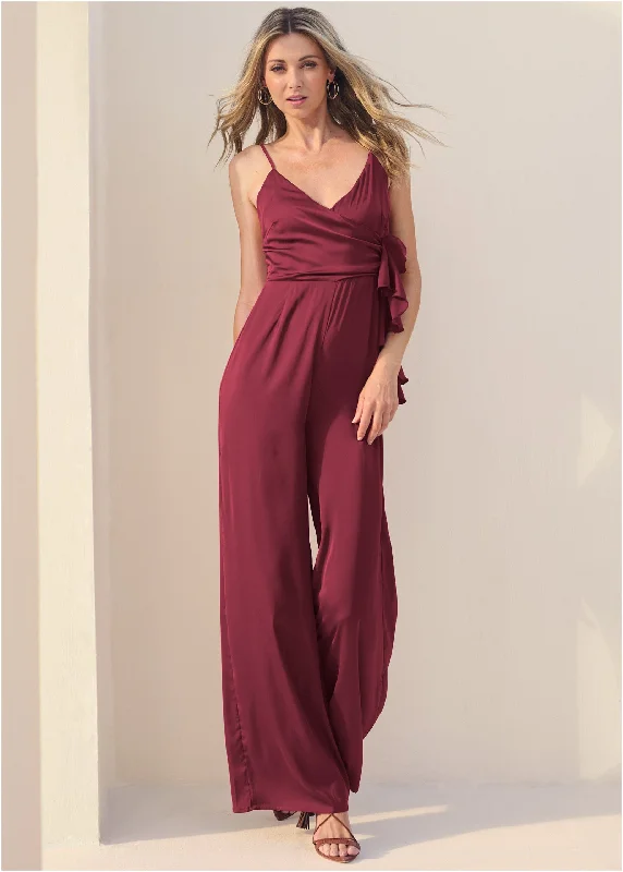  Women's Casual Wear ClothesV-Neck Jumpsuit - Dark Red