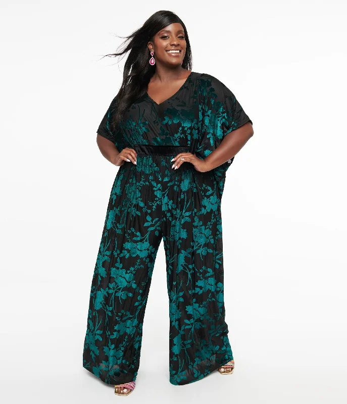  Chic Women's OutfitUnique Vintage Plus Size 1970s Black & Teal Velvet Floral Burnout Caftan Jumpsuit