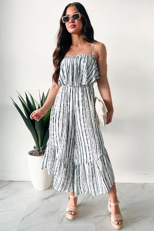  Women's Plus-Size Casual OutfitIdyllic Days Striped Wide Leg Jumpsuit (Blue/White)