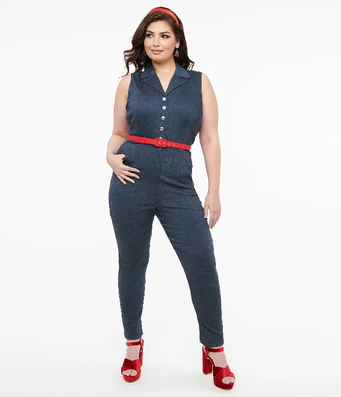  Popular CollectionUnique Vintage Plus Size Blue Denim & Red Belt Skinny Jumpsuit