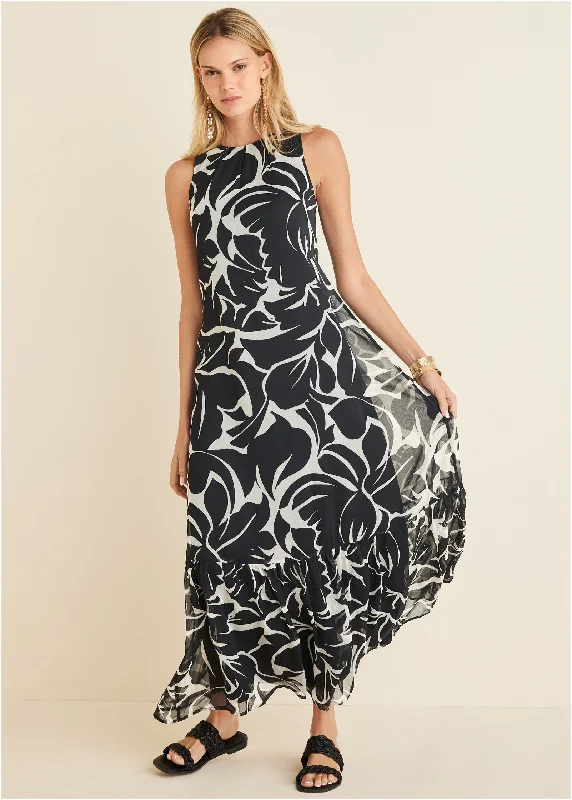  Women's Vintage-Inspired ClothingRuffle Hem Maxi Dress - Woodcut Botanical