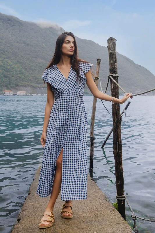  The Latest TrendsFlawless Navy Gingham Cotton Fluted Sleeve Button Front Midi Dress