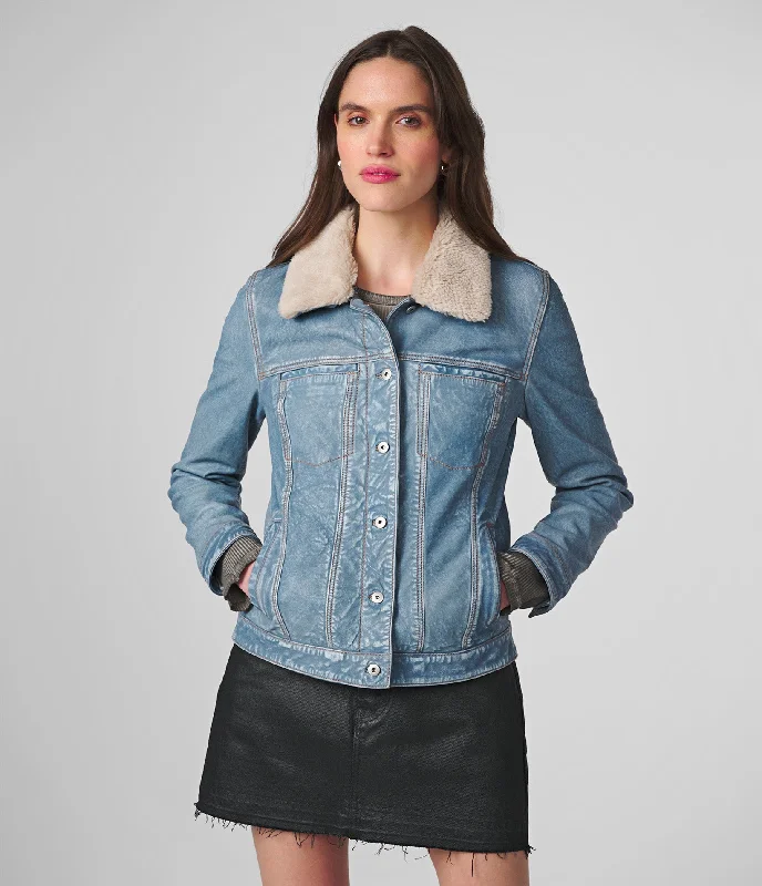  Break Fashion NormsHarley Denim Leather Jacket With Shearling Collar