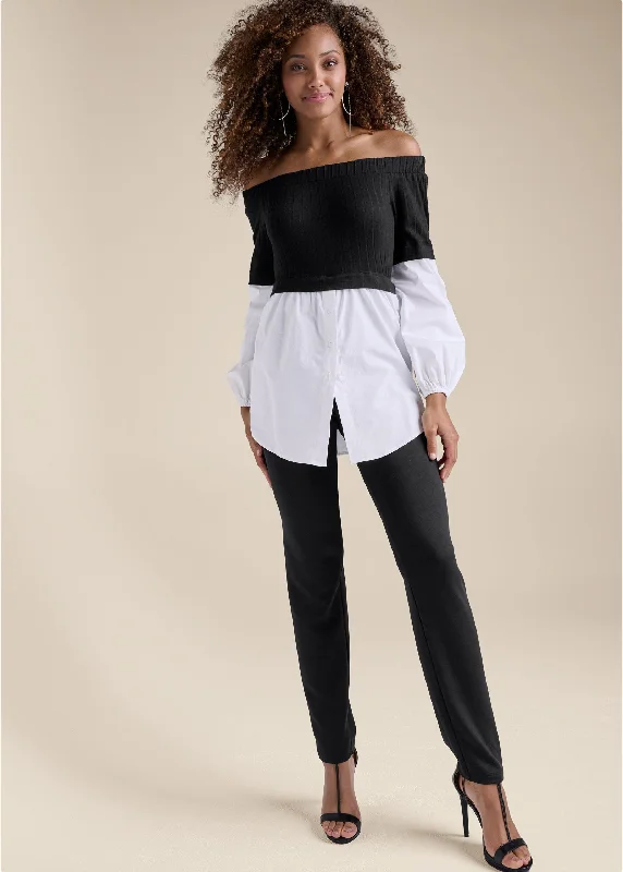  Women's Clothes For Work EventsLayered Shirting Jumpsuit - Black & White