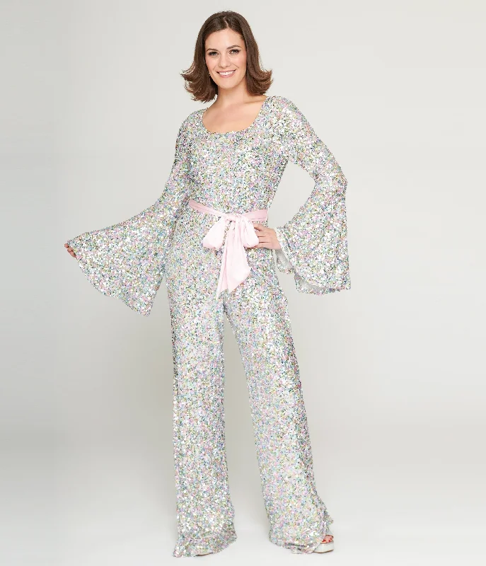  Women's Luxury AttireSmak Parlour 1960s Pastel Rainbow Sequin Bell Sleeve Jumpsuit