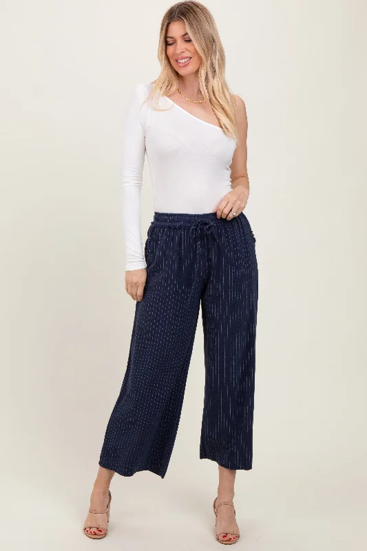  Women's Apparel And GarmentsNavy Striped Drawstring Linen Blend Wide Leg Pants