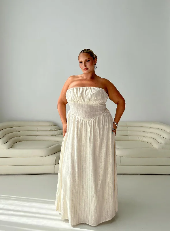  Women's Trendy Activewear ApparelSlow Dance Linen Blend Maxi Dress Cream / Blue Curve