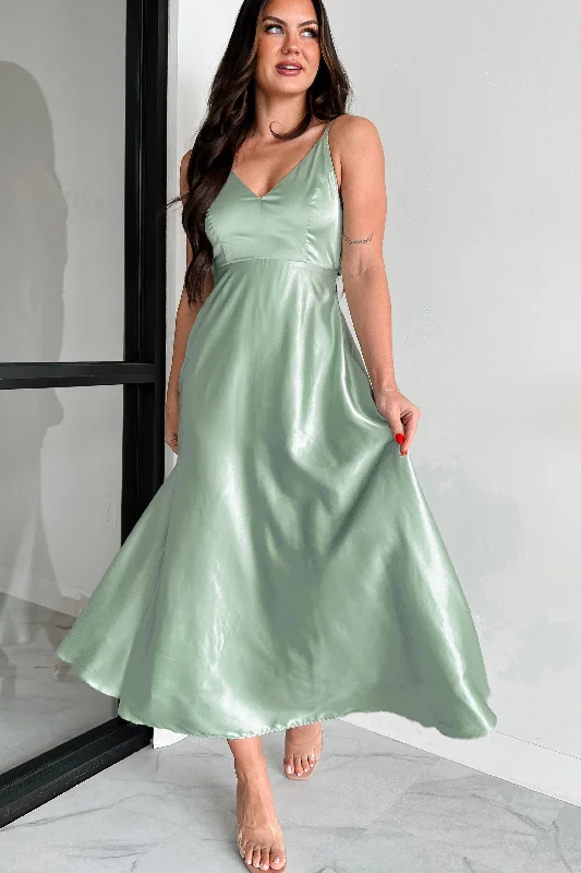  Comfortable Women's ClothingLuxurious Poise Satin Midi Dress (Pastel Sage)