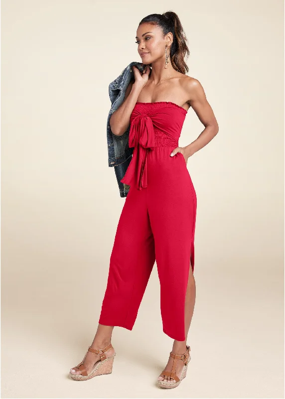  Women's Outerwear GarmentsSmocked Tie-Front Jumpsuit - Red