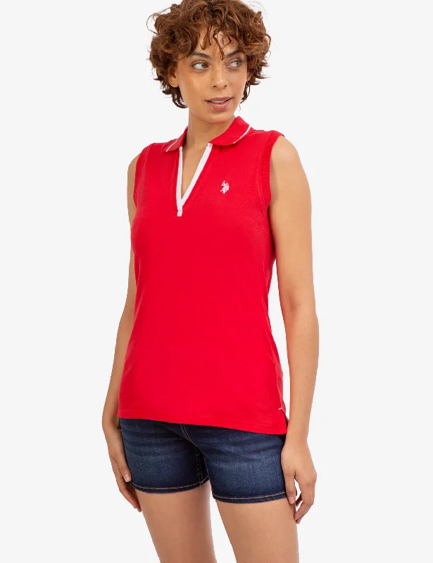  Casual Apparel For WomenOPEN PLACKET SLEEVELESS POLO SHIRT